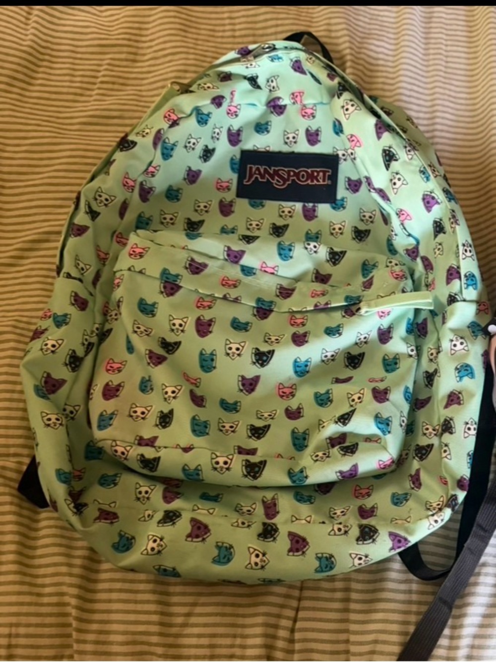 Jansport Mint Green Backpack with Multicolor Cat Faces